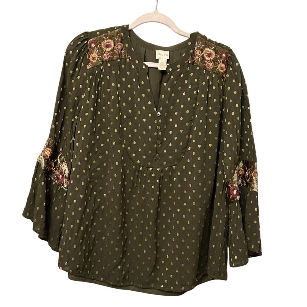Chico 2 Burnout Velvet Embroidered Shirt L Green Boho Y2K Peasant festival